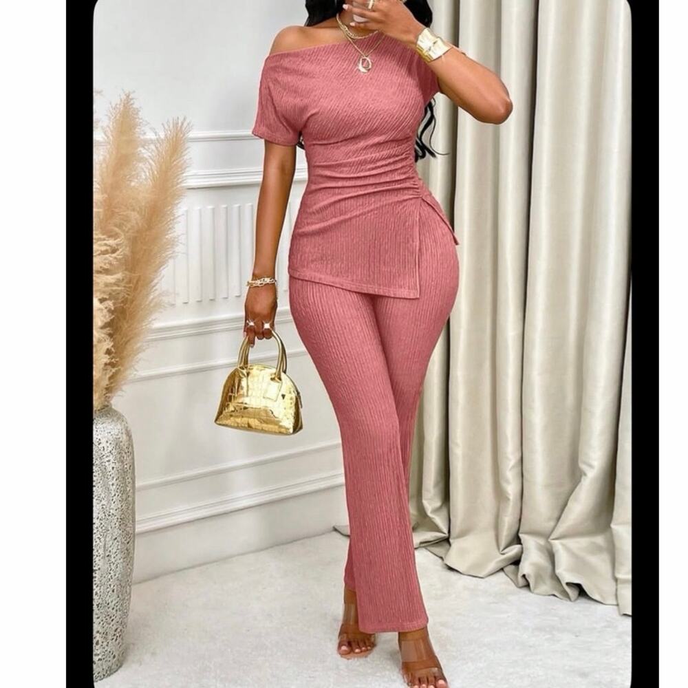 SHEIN Pink Textured 2-Piece Set Asymmetrical Off Shoulder Top Wide Leg Pants M
